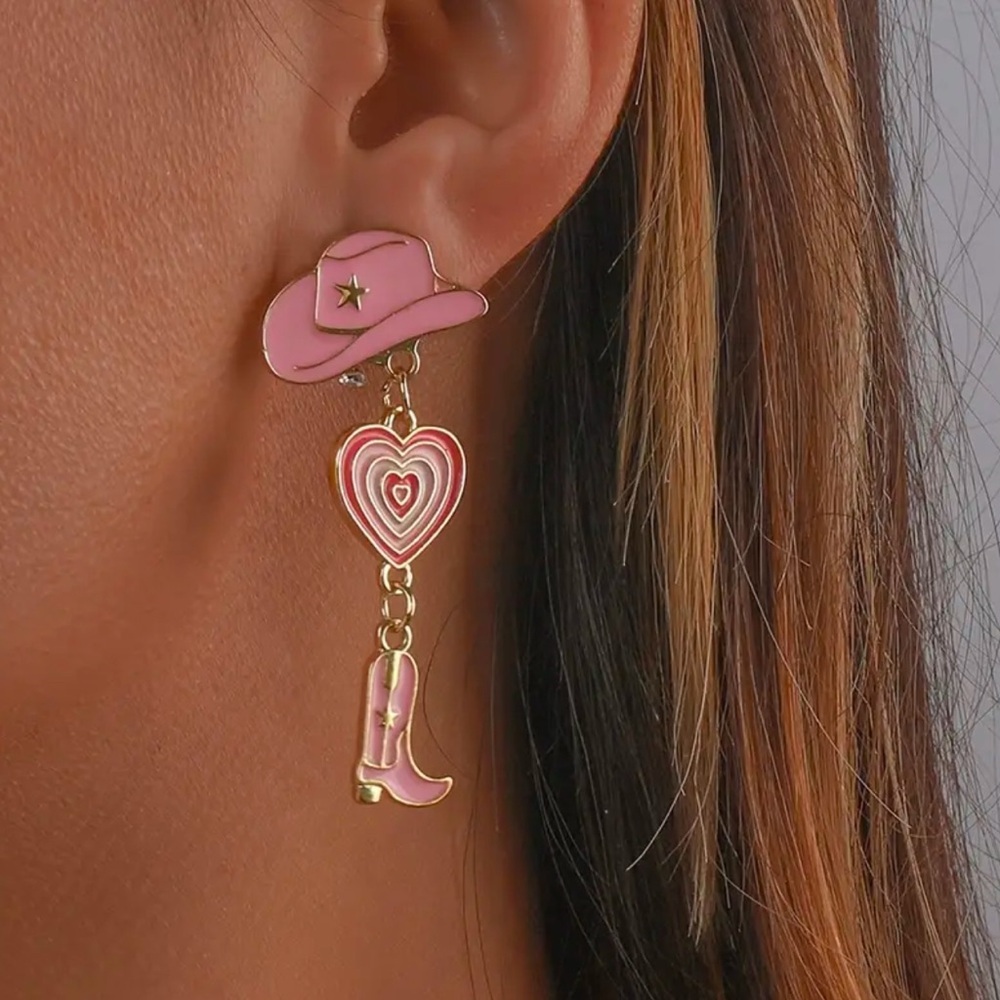 Pink heart cowgirl boot dangle drop earrings
